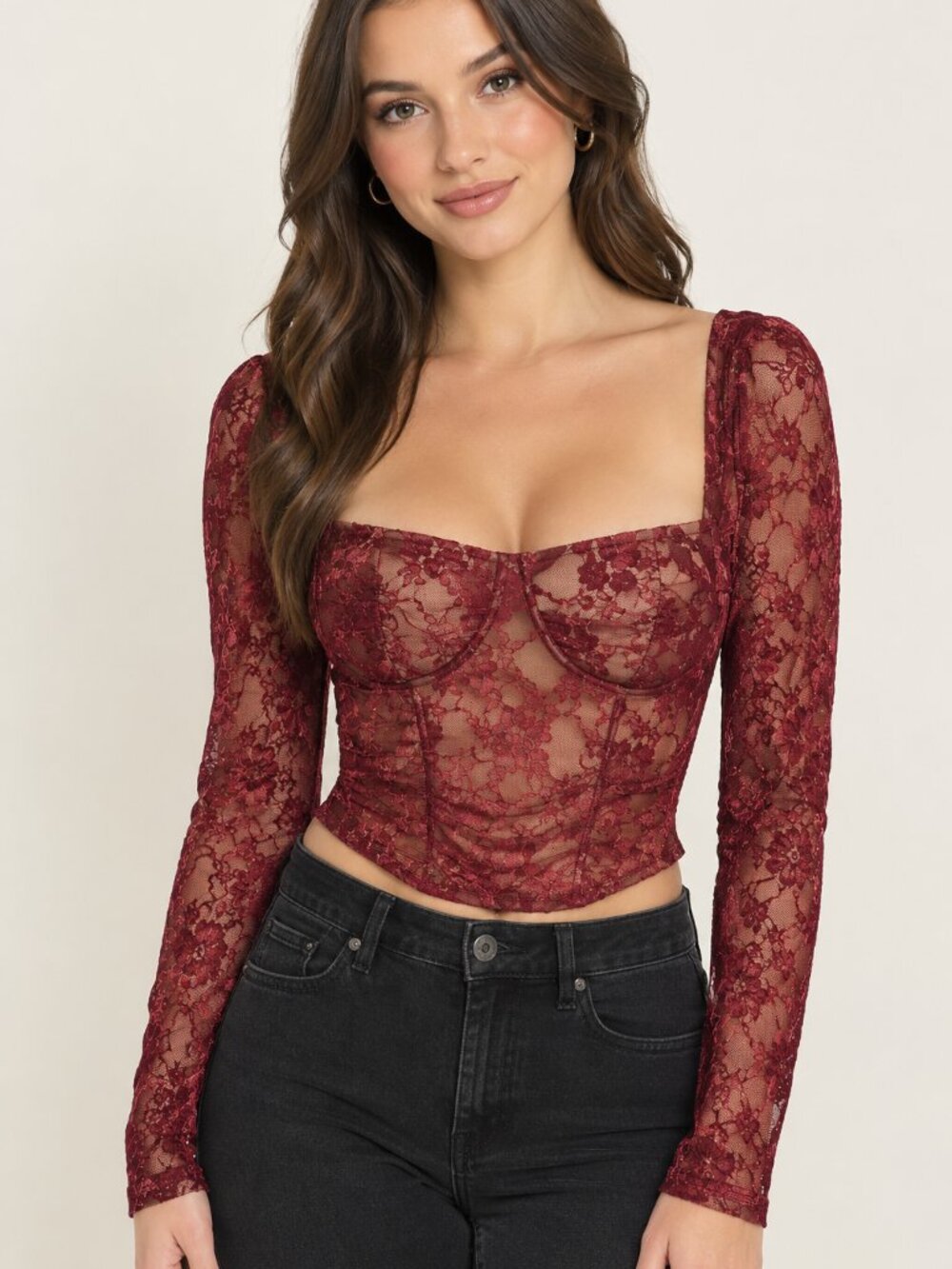 Rue21 Burgundy Lace Bustier Cropped Top with Sheer Long Sleeves Size Medium